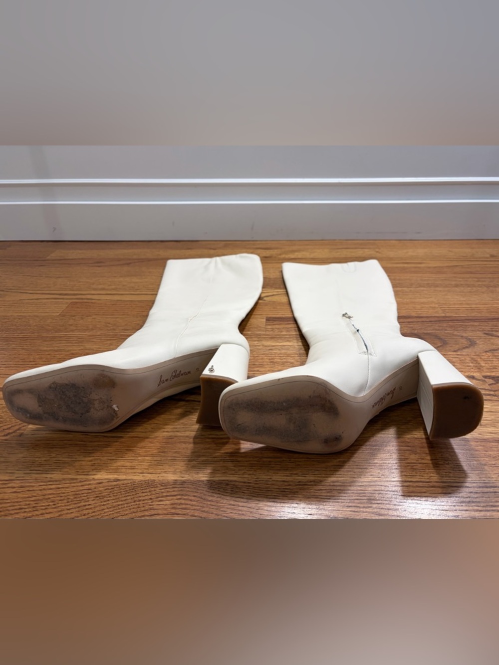 Sam Edelman Knee High 4" Block Heel Ivory Cream Leather Boots (10) - Picture 8 of 10